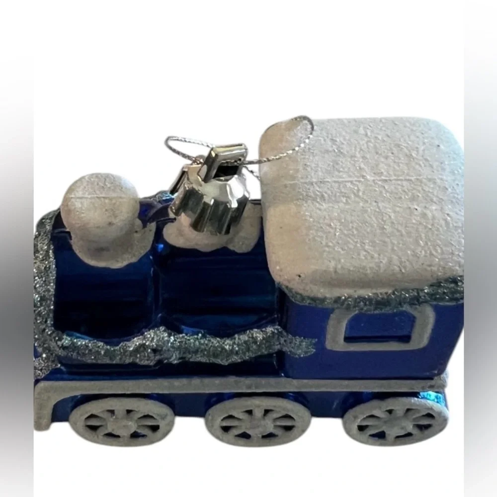 Vintage blue, white and silver sparkly train Christmas ornament